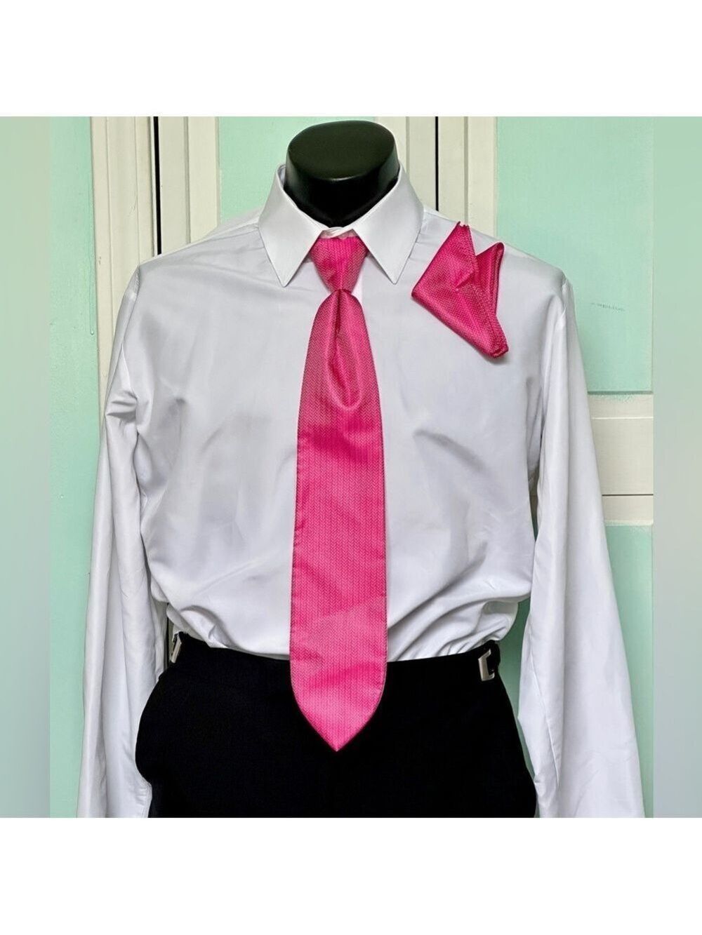Fuchsia Hot Pink Tie Wedding Prom Tuxedo Herringbone Pre Tied clip Pocket Square
